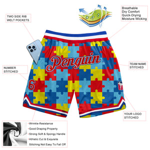 Custom Black Red-Royal 3D Pattern Design Autism Awareness Puzzle Pieces Authentic Basketball Shorts