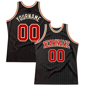 Custom Black Red Pinstripe Red-Cream Authentic Basketball Jersey