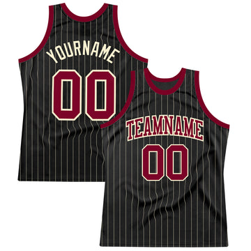 Custom Black Cream Pinstripe Maroon-Cream Authentic Basketball Jersey