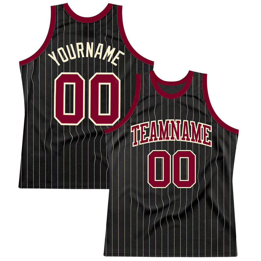 Custom Black Cream Pinstripe Maroon-Cream Authentic Basketball Jersey