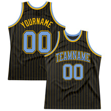 Load image into Gallery viewer, Custom Black Gold Pinstripe Light Blue-Gold Authentic Basketball Jersey
