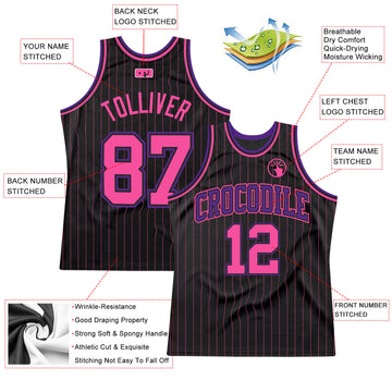 Custom Black Pink Pinstripe Pink-Purple Authentic Basketball Jersey