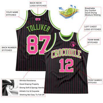 Custom Black Pink Pinstripe Pink-Neon Green Authentic Basketball Jersey