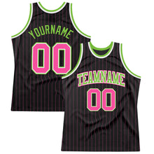 Load image into Gallery viewer, Custom Black Pink Pinstripe Pink-Neon Green Authentic Basketball Jersey
