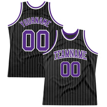 Load image into Gallery viewer, Custom Black White Pinstripe Purple-White Authentic Basketball Jersey
