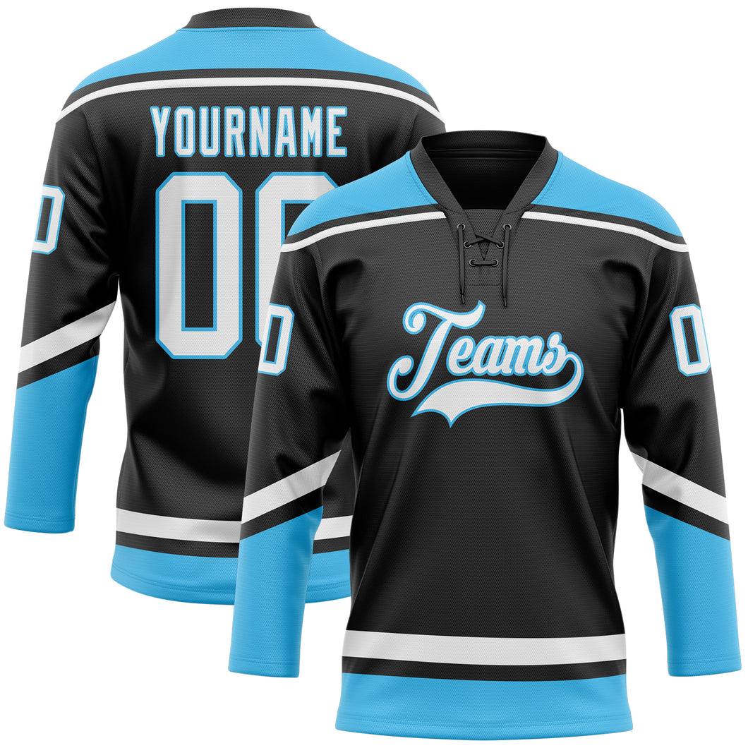 Custom Light Blue White-Black Hockey Jersey Discount