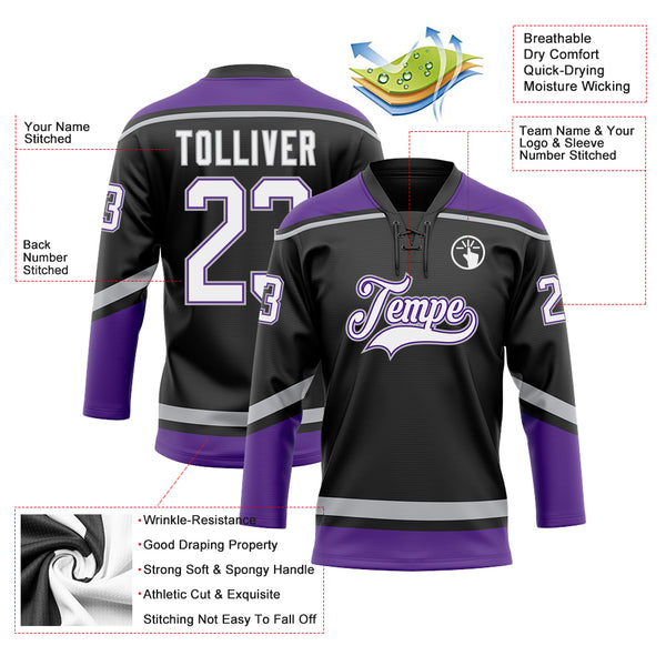 Custom Hockey Jersey Black Purple-White