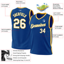 Load image into Gallery viewer, Custom Blue White-Gold Authentic Throwback Basketball Jersey
