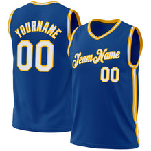 Load image into Gallery viewer, Custom Blue White-Gold Authentic Throwback Basketball Jersey
