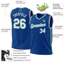 Load image into Gallery viewer, Custom Blue White-Kelly Green Authentic Throwback Basketball Jersey
