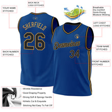 Load image into Gallery viewer, Custom Blue Black-Old Gold Authentic Throwback Basketball Jersey
