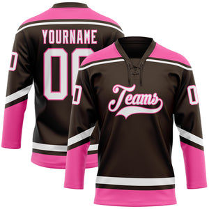 Custom Brown White-Pink Hockey Lace Neck Jersey