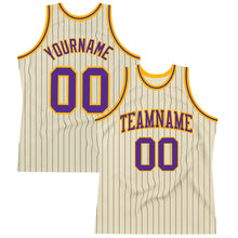 Load image into Gallery viewer, Custom Cream Black Pinstripe Purple-Gold Authentic Basketball Jersey
