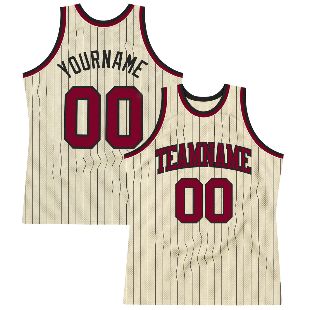 Custom Cream Black Pinstripe Maroon Authentic Basketball Jersey