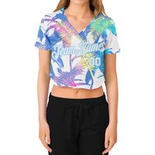 Load image into Gallery viewer, Custom Women&#39;s White White-Light Blue Hawaii Palm Trees 3D V-Neck Cropped Baseball Jersey
