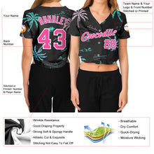 Load image into Gallery viewer, Custom Women&#39;s Black Pink-White Hawaii Palm Trees 3D V-Neck Cropped Baseball Jersey
