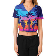 Load image into Gallery viewer, Custom Women&#39;s Royal Pink-Light Blue Hawaii Palm Trees 3D V-Neck Cropped Baseball Jersey
