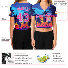 Load image into Gallery viewer, Custom Women&#39;s Royal Pink-Light Blue Hawaii Palm Trees 3D V-Neck Cropped Baseball Jersey
