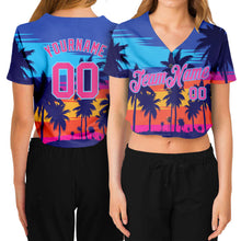 Load image into Gallery viewer, Custom Women&#39;s Royal Pink-Light Blue Hawaii Palm Trees 3D V-Neck Cropped Baseball Jersey
