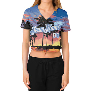 Custom Women's Light Blue White-Light Blue Hawaii Palm Trees 3D V-Neck Cropped Baseball Jersey