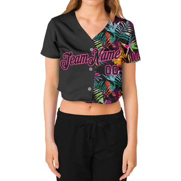 Custom Women's Black Black-Pink Tropical Palm Leaves 3D V-Neck Cropped Baseball Jersey