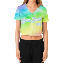 Load image into Gallery viewer, Custom Women&#39;s Tie Dye White-Light Blue Rainbow 3D V-Neck Cropped Baseball Jersey
