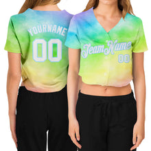 Load image into Gallery viewer, Custom Women&#39;s Tie Dye White-Light Blue Rainbow 3D V-Neck Cropped Baseball Jersey
