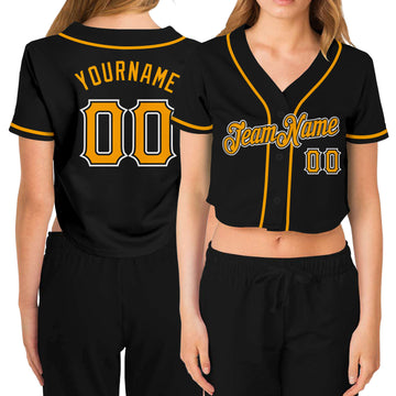 Custom Women's Black Gold-White V-Neck Cropped Baseball Jersey