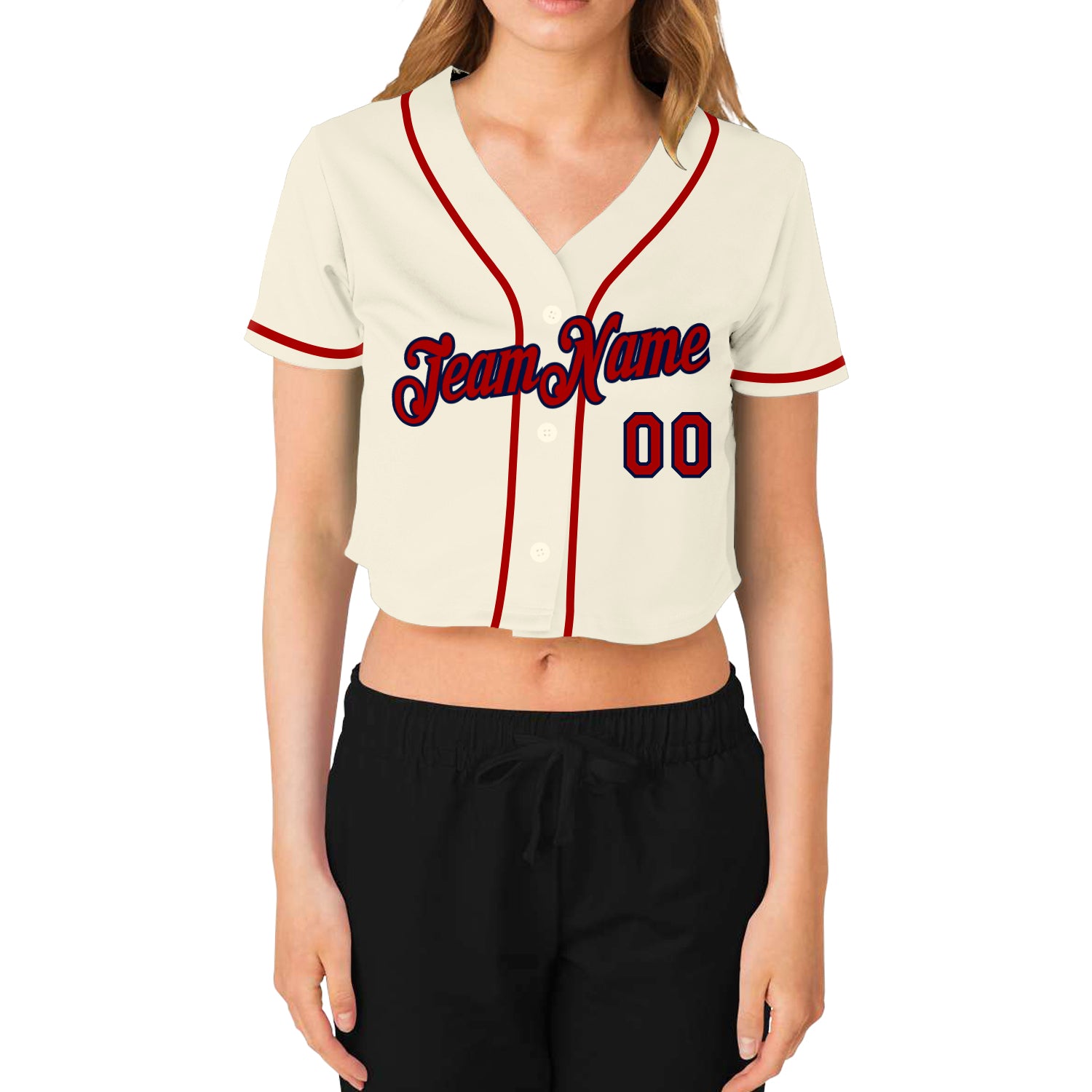 Custom Women's Cream Red-Navy V-Neck Cropped Baseball Jersey Fast Shipping  – FiitgCustom