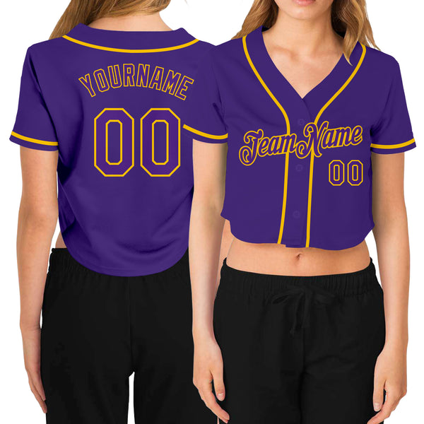 Custom White Purple Pinstripe Purple-Gold Authentic Throwback Rib-Knit Baseball Jersey Shirt Women's Size:2XL