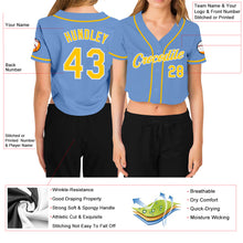 Load image into Gallery viewer, Custom Women&#39;s Light Blue Gold-White V-Neck Cropped Baseball Jersey
