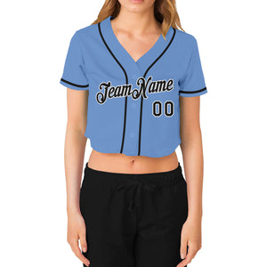 Custom Women's Light Blue Black-White V-Neck Cropped Baseball Jersey