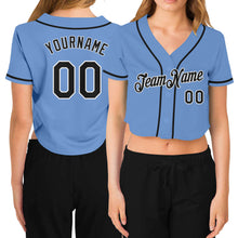 Load image into Gallery viewer, Custom Women&#39;s Light Blue Black-White V-Neck Cropped Baseball Jersey
