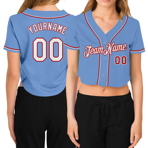 Custom Women's Light Blue White-Red V-Neck Cropped Baseball Jersey