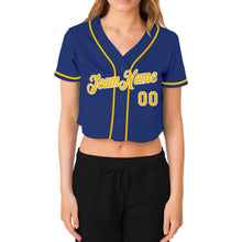 Load image into Gallery viewer, Custom Women&#39;s Royal Gold-White V-Neck Cropped Baseball Jersey
