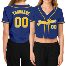 Load image into Gallery viewer, Custom Women&#39;s Royal Gold-White V-Neck Cropped Baseball Jersey
