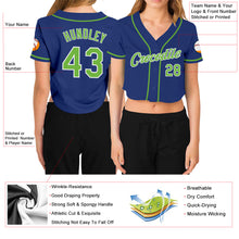 Load image into Gallery viewer, Custom Women&#39;s Royal Neon Green-White V-Neck Cropped Baseball Jersey
