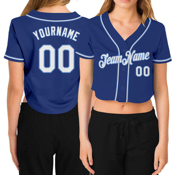 Custom Women's Royal White-Light Blue V-Neck Cropped Baseball Jersey