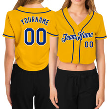 Load image into Gallery viewer, Custom Women&#39;s Gold Royal-White V-Neck Cropped Baseball Jersey
