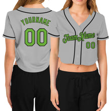 Load image into Gallery viewer, Custom Women&#39;s Gray Neon Green-Black V-Neck Cropped Baseball Jersey
