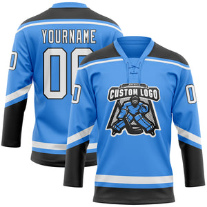 Custom Powder Blue White-Black Hockey Lace Neck Jersey