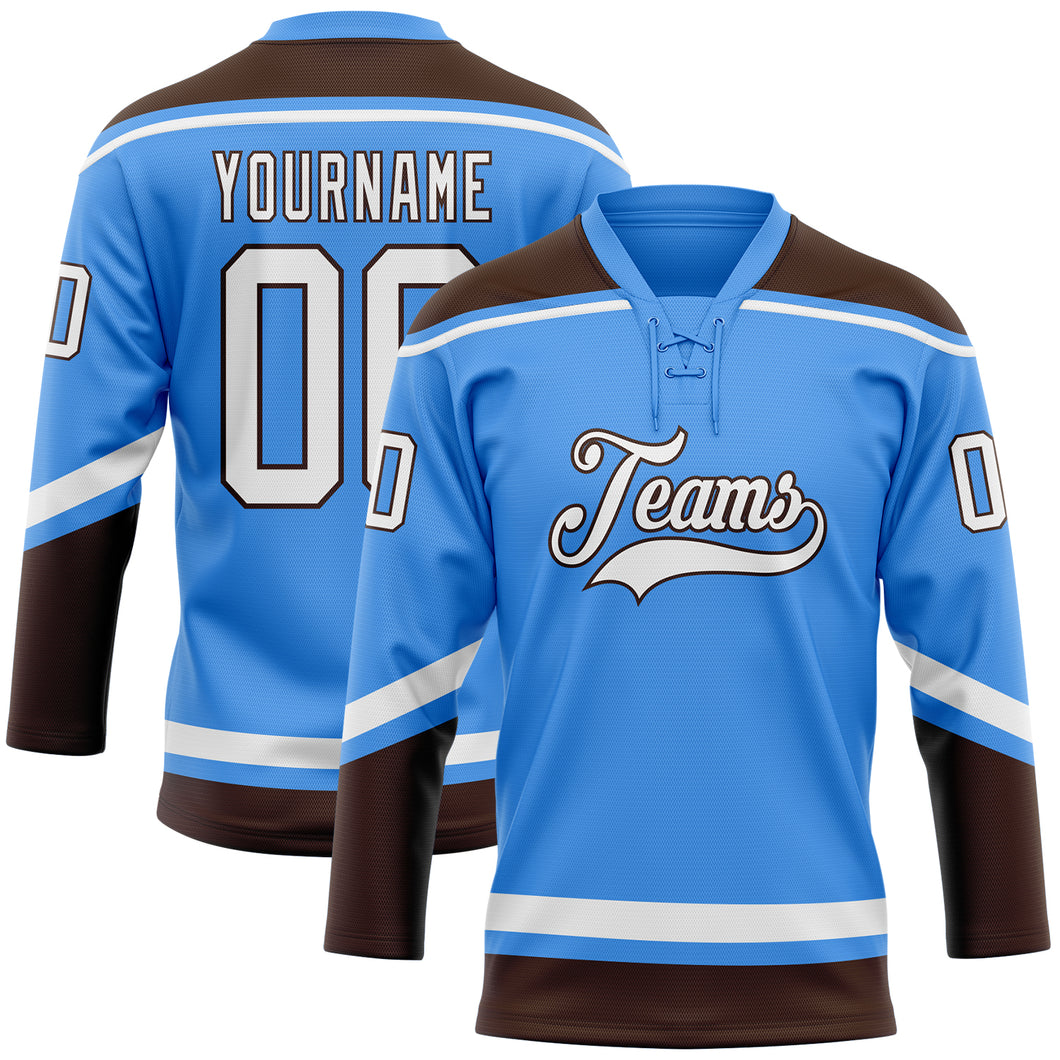 Custom Powder Blue White-Brown Hockey Lace Neck Jersey