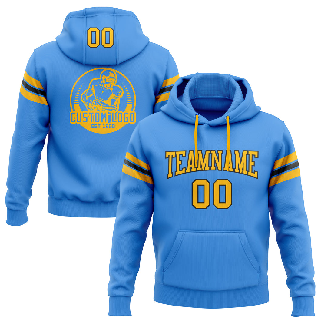 Custom Stitched Powder Blue Gold-Black Football Pullover Sweatshirt Hoodie