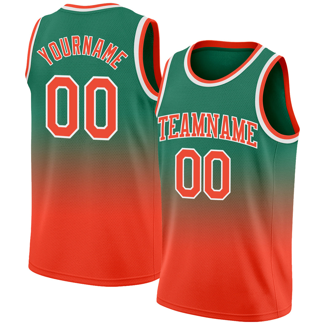 Custom Kelly Green Orange-White Authentic Fade Fashion Basketball Jersey