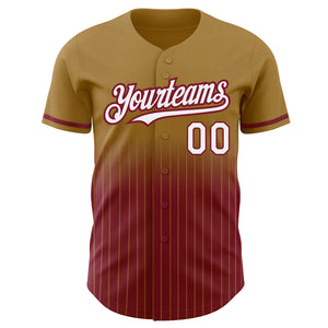 Custom Old Gold Pinstripe White-Crimson Authentic Fade Fashion Baseball Jersey