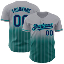 Load image into Gallery viewer, Custom Gray Pinstripe Navy-Teal Authentic Fade Fashion Baseball Jersey
