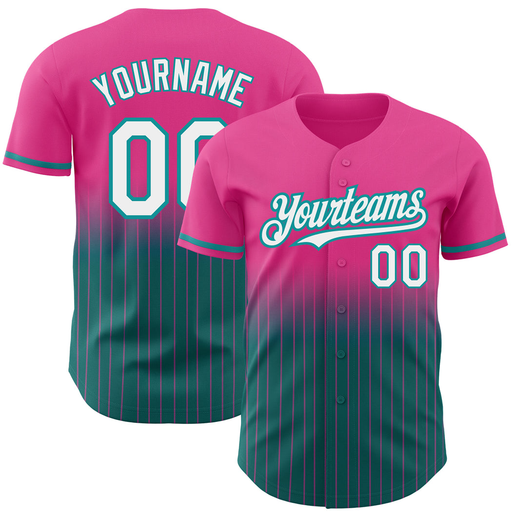 Custom Pink Pinstripe White-Teal Authentic Fade Fashion Baseball Jersey