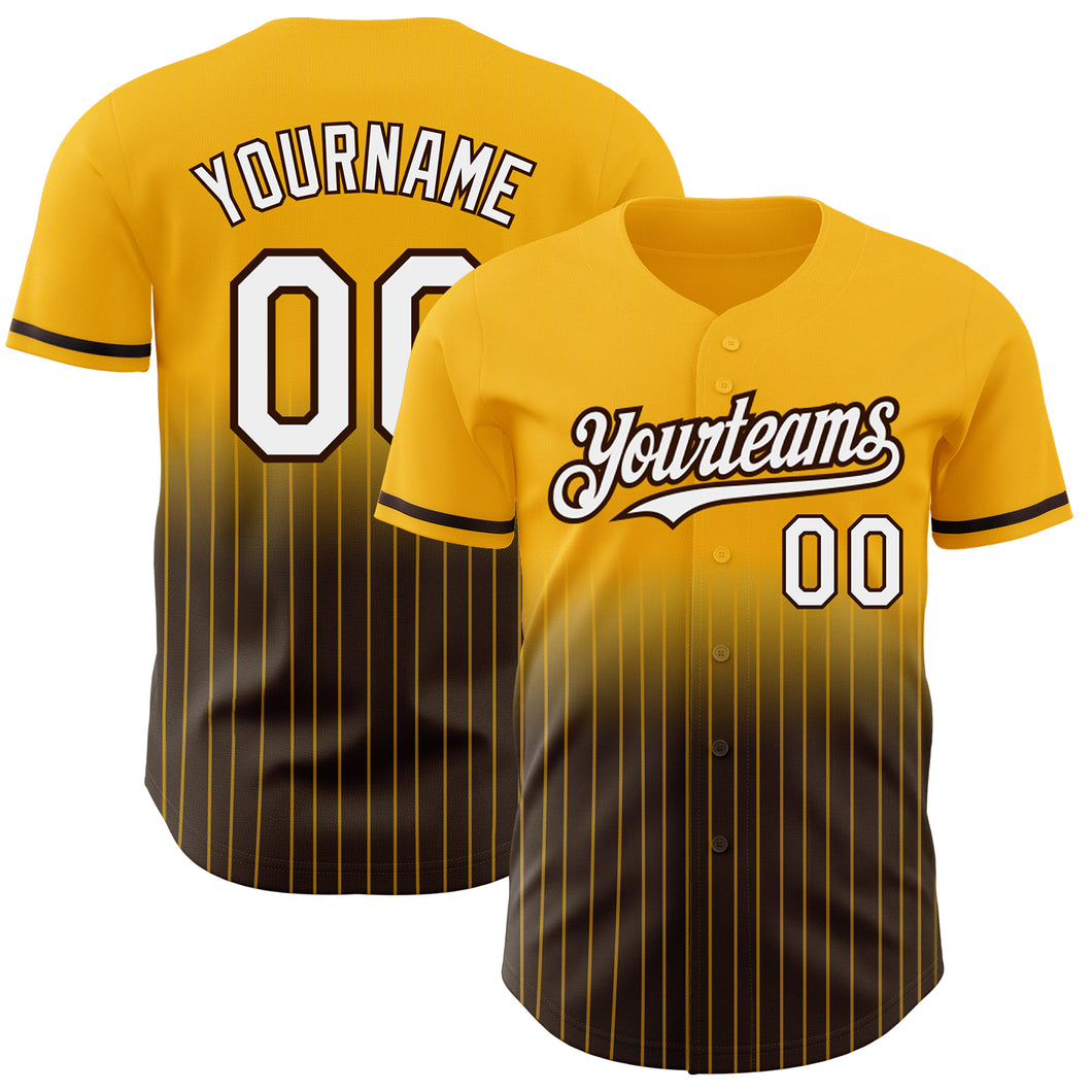 Custom Gold Pinstripe White-Brown Authentic Fade Fashion Baseball Jersey