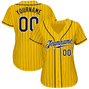 Custom Yellow Navy Pinstripe Navy-White Authentic Baseball Jersey