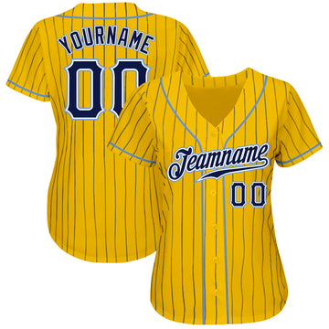 Custom Yellow Navy Pinstripe Navy-Light Blue Authentic Baseball Jersey